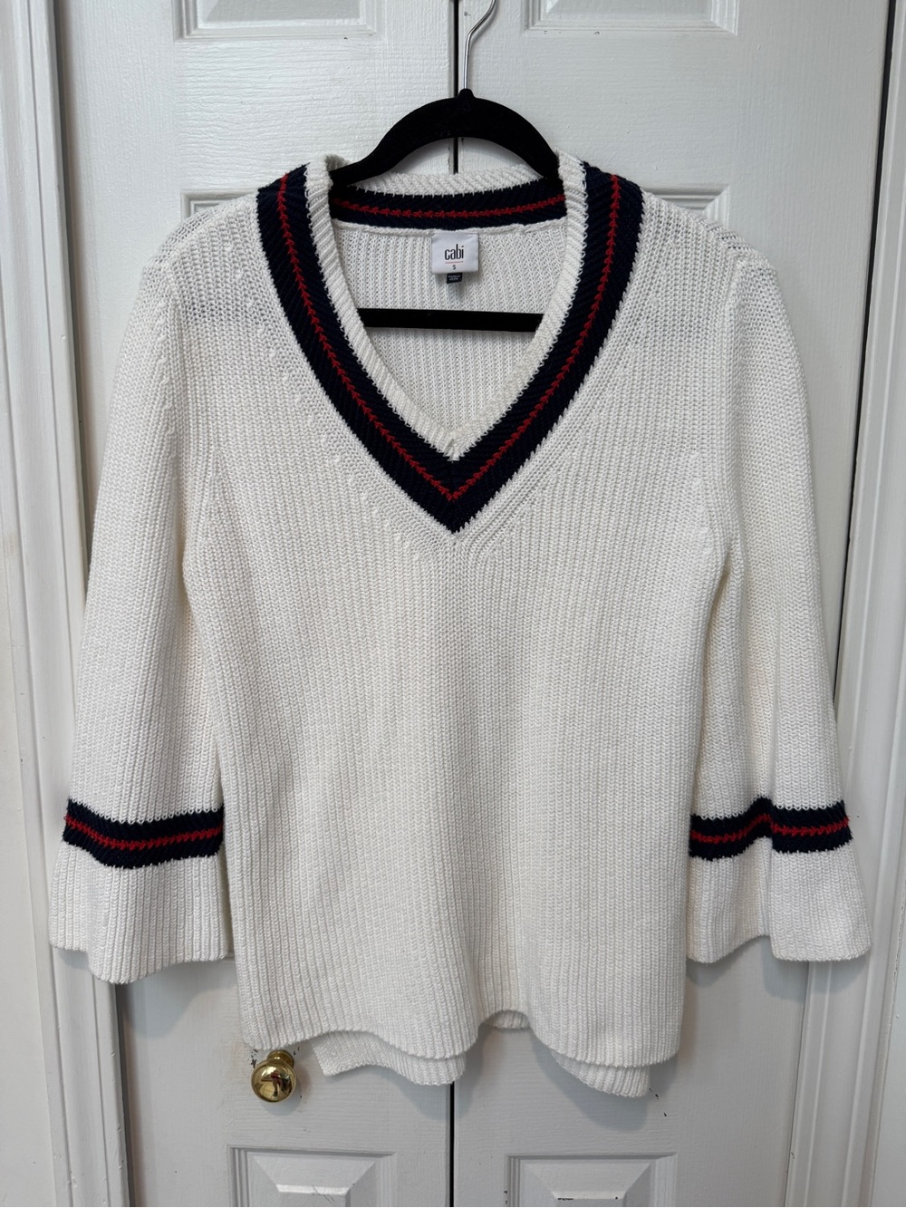CAbi White V Neck Sweater with Navy & Red Stripes